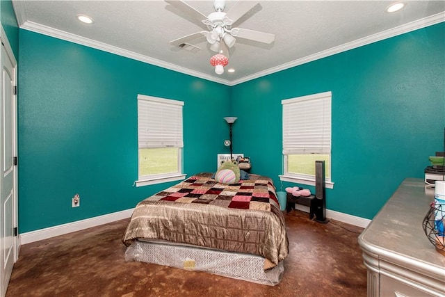 bedroom with ceiling fan, ornamental molding, and a textured ceiling