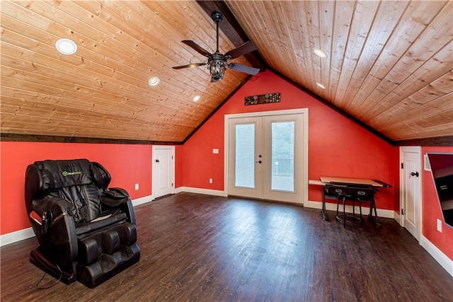 bonus room with dark hardwood / wood-style floors, ceiling fan, wooden ceiling, lofted ceiling with beams, and french doors