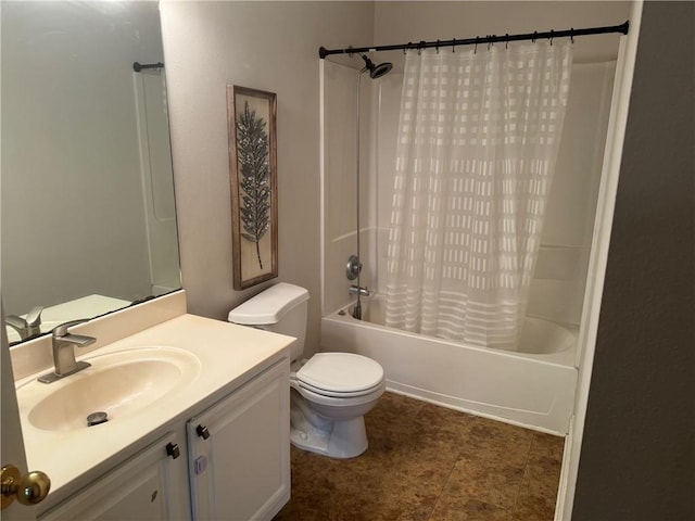 full bathroom with tile floors, shower / bath combo, vanity, and toilet