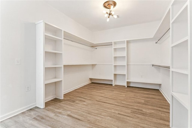 walk in closet featuring wood-type flooring and an inviting chandelier