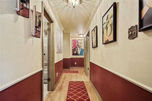 hall with light hardwood / wood-style floors and ornamental molding