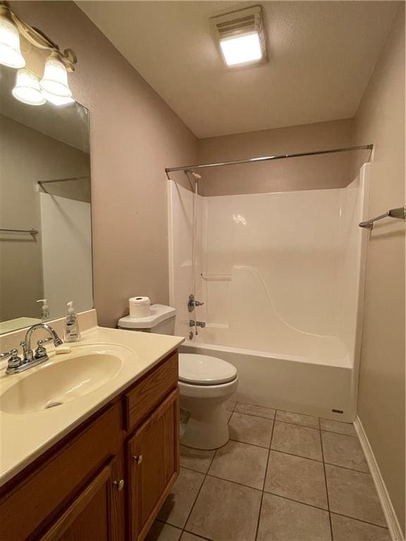 full bathroom featuring tile floors,  shower combination, vanity, and toilet