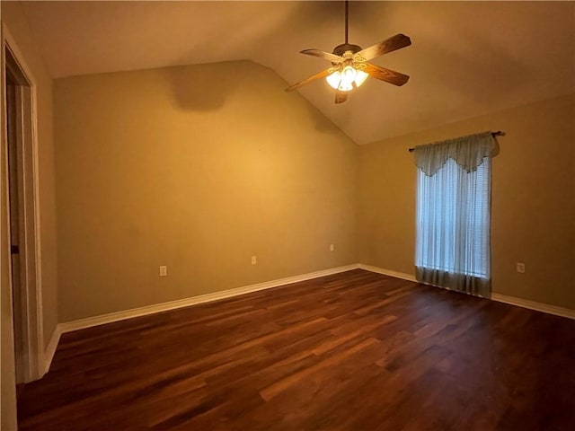 unfurnished room with hardwood / wood-style floors, ceiling fan, and lofted ceiling