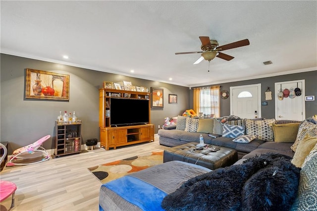 living room with ornamental molding, ceiling fan, and light hardwood / wood-style flooring