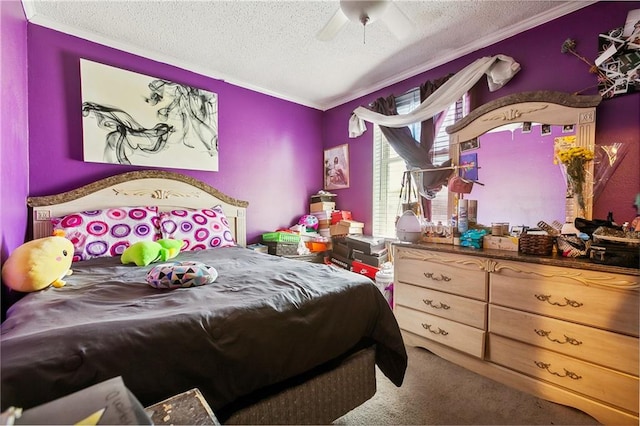 carpeted bedroom with ceiling fan and a textured ceiling