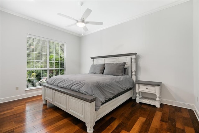 bedroom featuring crown molding, dark hardwood / wood-style floors, and ceiling fan