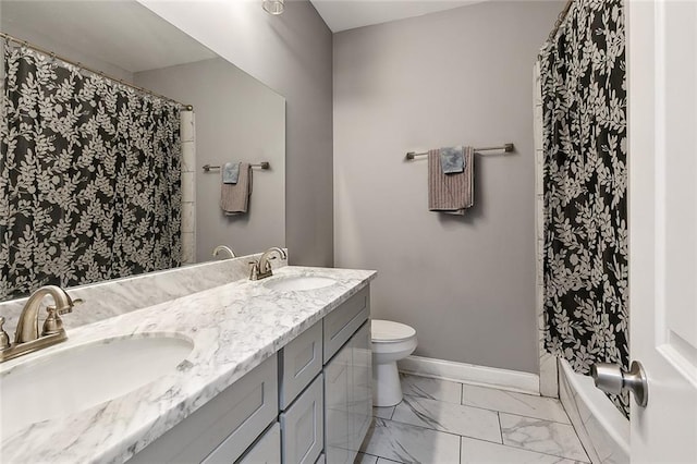 full bathroom with tile flooring, oversized vanity, double sink, toilet, and shower / bath combo with shower curtain