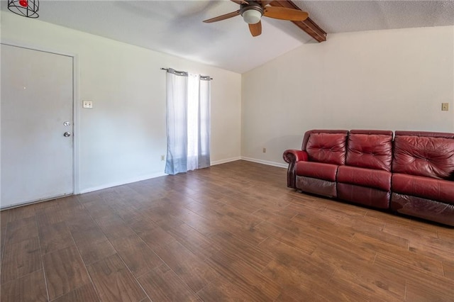 living room with hardwood / wood-style floors, vaulted ceiling with beams, and ceiling fan