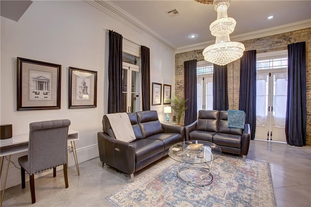 tiled living room with a chandelier, french doors, and crown molding