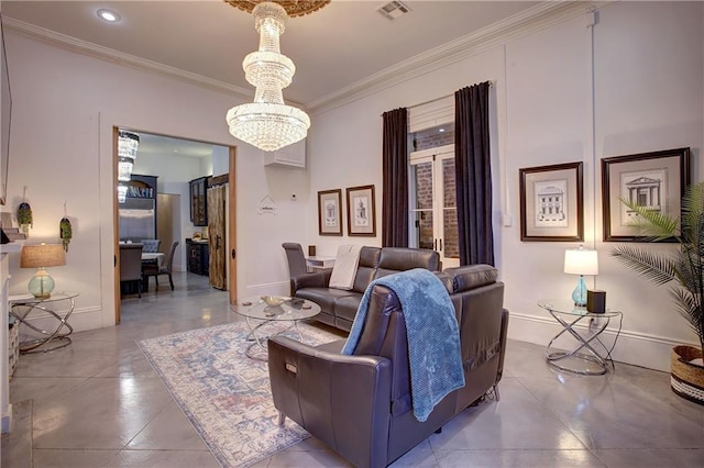 tiled living room with a notable chandelier and crown molding