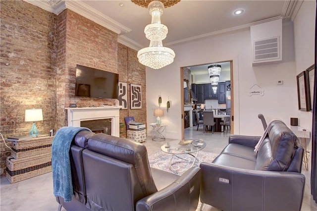 tiled living room with ornamental molding, brick wall, and a chandelier