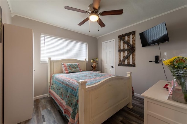 bedroom featuring dark hardwood / wood-style flooring, ornamental molding, and ceiling fan