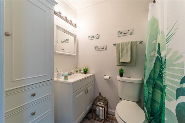 bathroom with ornamental molding, toilet, and oversized vanity