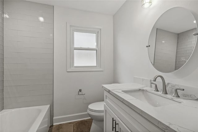 full bathroom featuring tile floors, shower / bathtub combination, toilet, and vanity