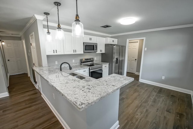 kitchen with stainless steel appliances, white cabinetry, dark wood-type flooring, sink, and pendant lighting