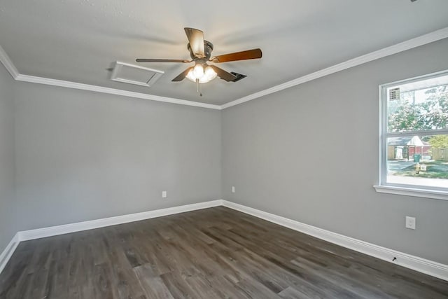 spare room with ceiling fan, dark hardwood / wood-style flooring, and ornamental molding