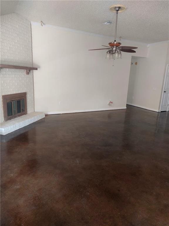 unfurnished living room featuring brick wall, a brick fireplace, ceiling fan, a textured ceiling, and lofted ceiling