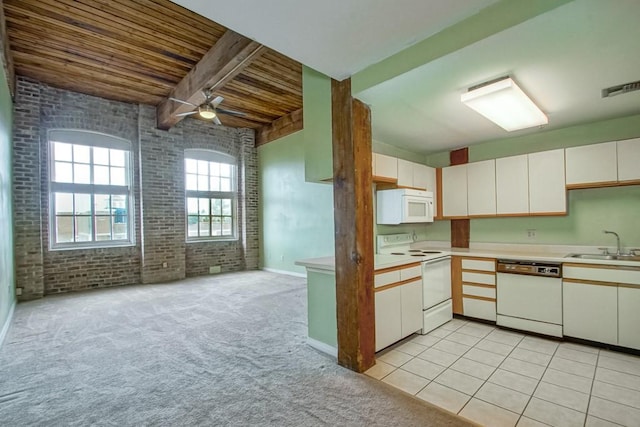 kitchen with brick wall, ceiling fan, wood ceiling, light carpet, and white appliances