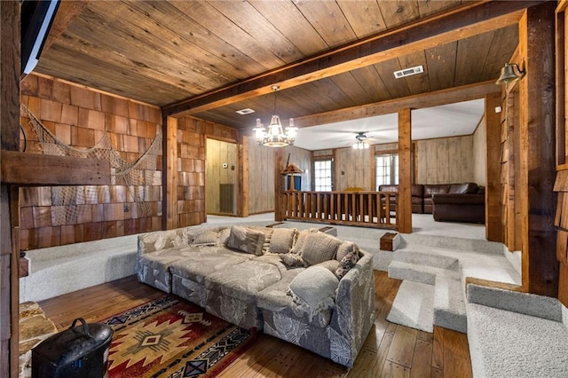 living room featuring wooden ceiling, wood walls, wood-type flooring, and beamed ceiling