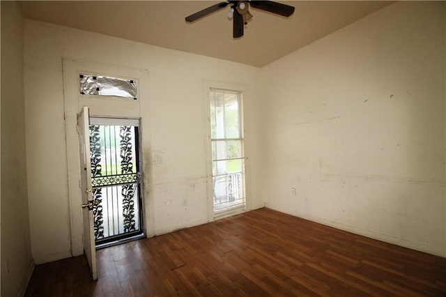 foyer entrance featuring a healthy amount of sunlight, dark wood-type flooring, and ceiling fan