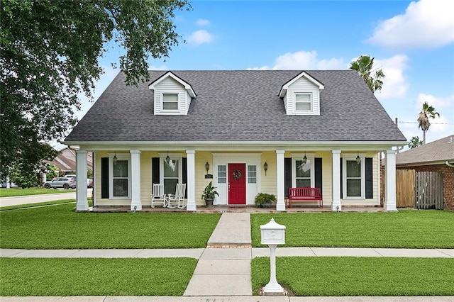 view of front of home with a porch and a front yard