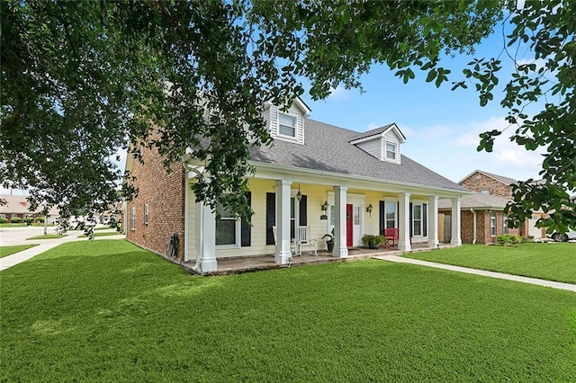 cape cod-style house with covered porch and a front lawn