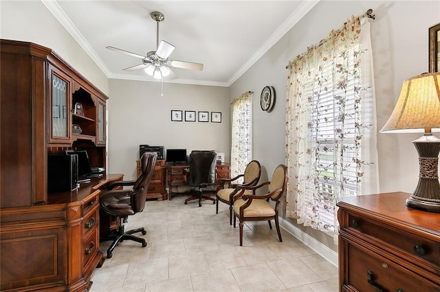 tiled home office with ceiling fan and ornamental molding