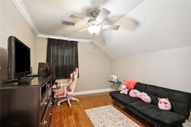 office featuring hardwood / wood-style flooring, crown molding, ceiling fan, and vaulted ceiling