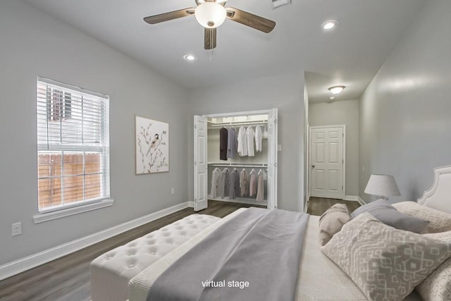 bedroom featuring dark wood-type flooring, recessed lighting, visible vents, and baseboards