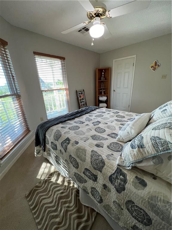 carpeted bedroom featuring ceiling fan