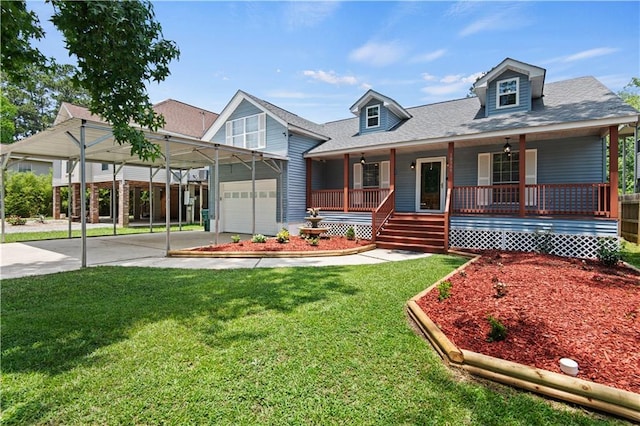 view of front of home featuring driveway, covered porch, a carport, a front yard, and a garage