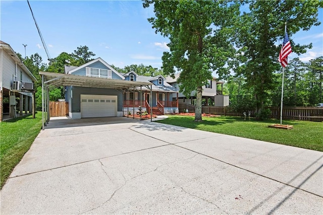 view of front of home with fence, an attached garage, driveway, a porch, and a front yard