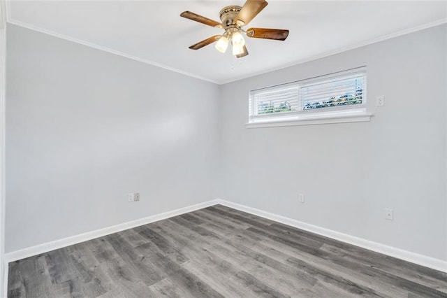 unfurnished room featuring ornamental molding, dark hardwood / wood-style floors, and ceiling fan