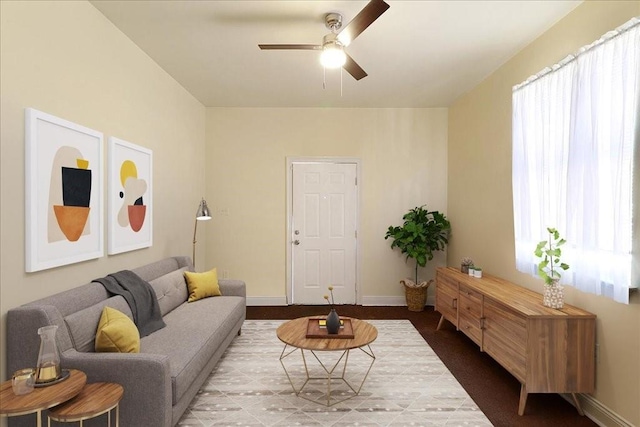 living room with ceiling fan