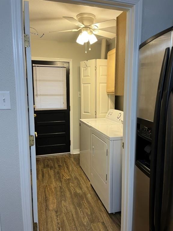 laundry room featuring cabinets, ceiling fan, separate washer and dryer, and dark hardwood / wood-style flooring