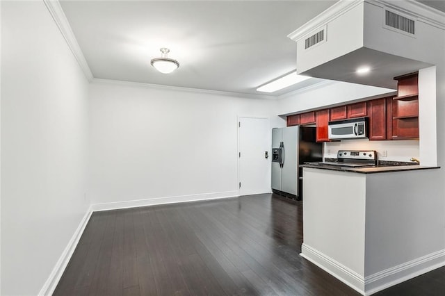 kitchen with dark hardwood / wood-style flooring, stainless steel appliances, and crown molding