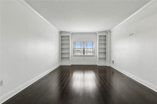 unfurnished living room with crown molding, dark wood-type flooring, and built in shelves