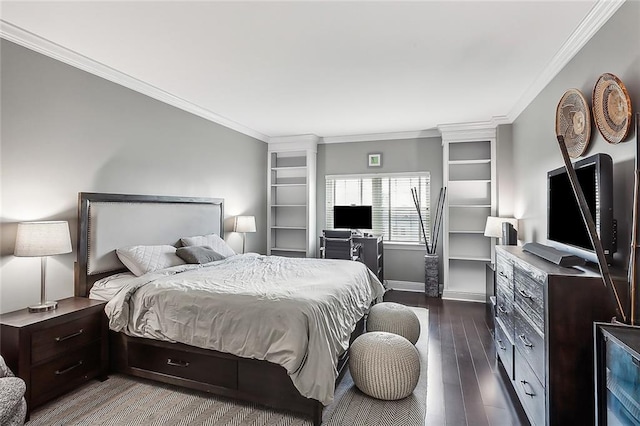 bedroom with ornamental molding and dark wood-type flooring