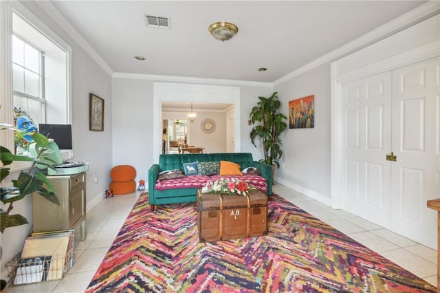 living area featuring light tile patterned floors, ornamental molding, and a wealth of natural light