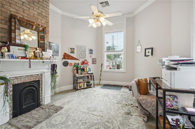 interior space featuring a brick fireplace, ceiling fan, carpet, and ornamental molding