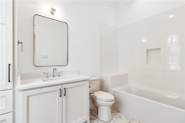 full bathroom featuring tile patterned flooring, washtub / shower combination, toilet, and vanity