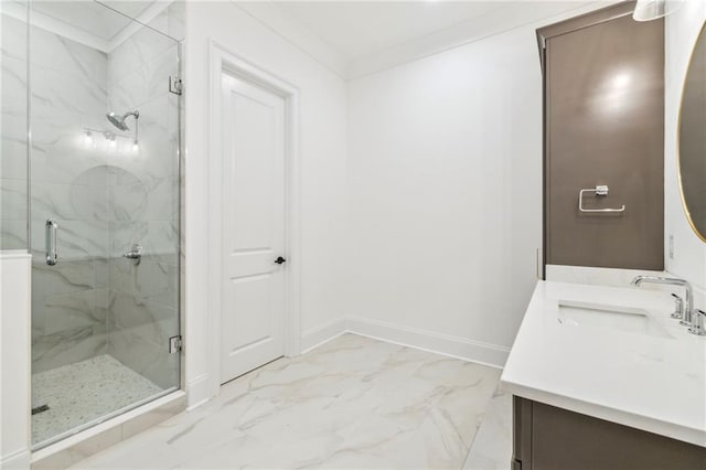 bathroom with dual vanity, tile patterned floors, crown molding, and a shower with door