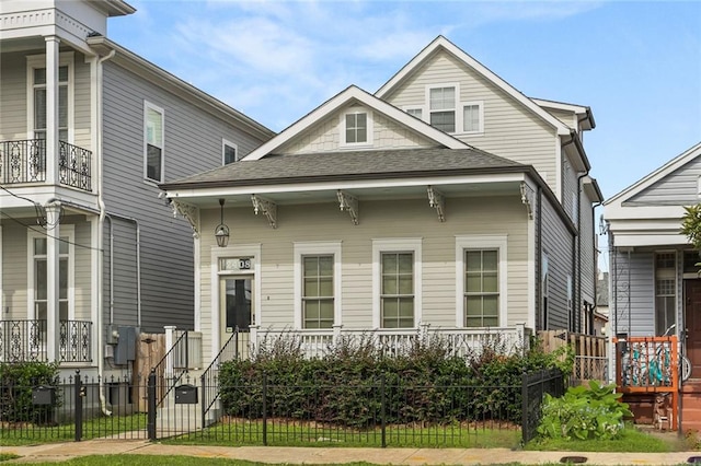 view of front of house with a fenced front yard and roof with shingles