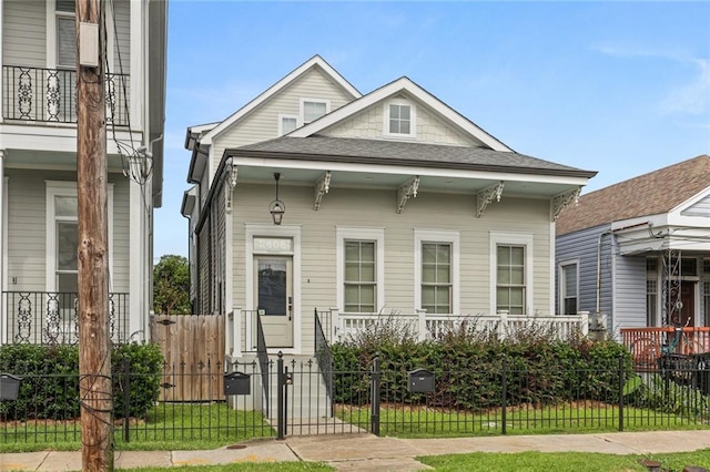 view of front of property with a fenced front yard and roof with shingles