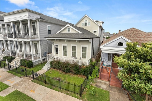 view of front of property featuring a fenced front yard, a shingled roof, and a porch