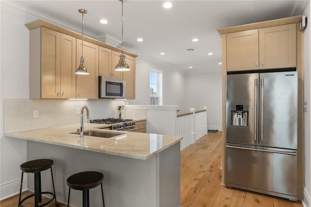 kitchen featuring appliances with stainless steel finishes, hanging light fixtures, and light hardwood / wood-style floors