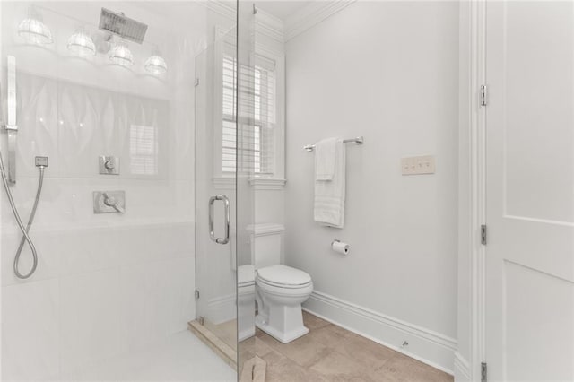 bathroom with walk in shower, tile patterned floors, crown molding, and toilet