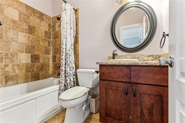 full bathroom with vanity, toilet, and shower / bathtub combination with curtain