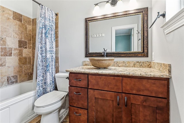 full bathroom with vanity, toilet, and shower / bathtub combination with curtain