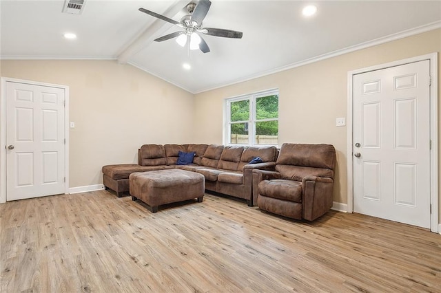 living room featuring ceiling fan, light hardwood / wood-style floors, vaulted ceiling with beams, and ornamental molding